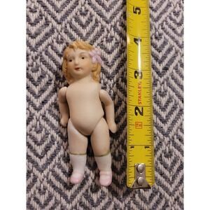 Vintage Bisque Porcelain Doll- Believed To Be German- Pink Bow, Green Socks